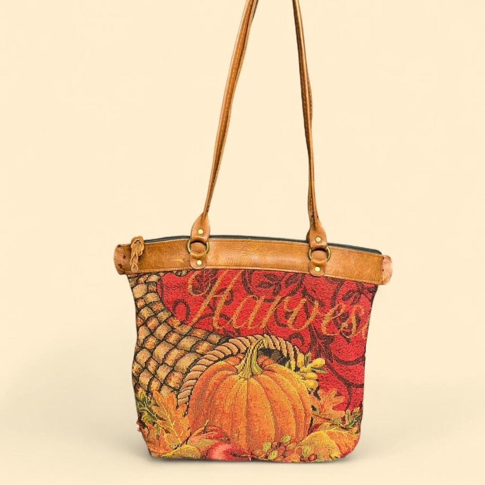 Down Home Leather Tapestry Kilim Tote Bag Brown Harvest Pumpkin Autumn Leaves